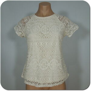 SOLITAIRE Lace Top S SMALL Womens Juniors Ivory Lined Short Sleeves